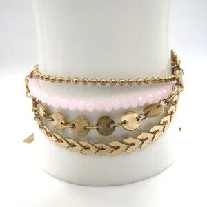 Canvas Bracelet‎ Multi Layer Gold Tone Chains Pink Beads Adjustable Slide New